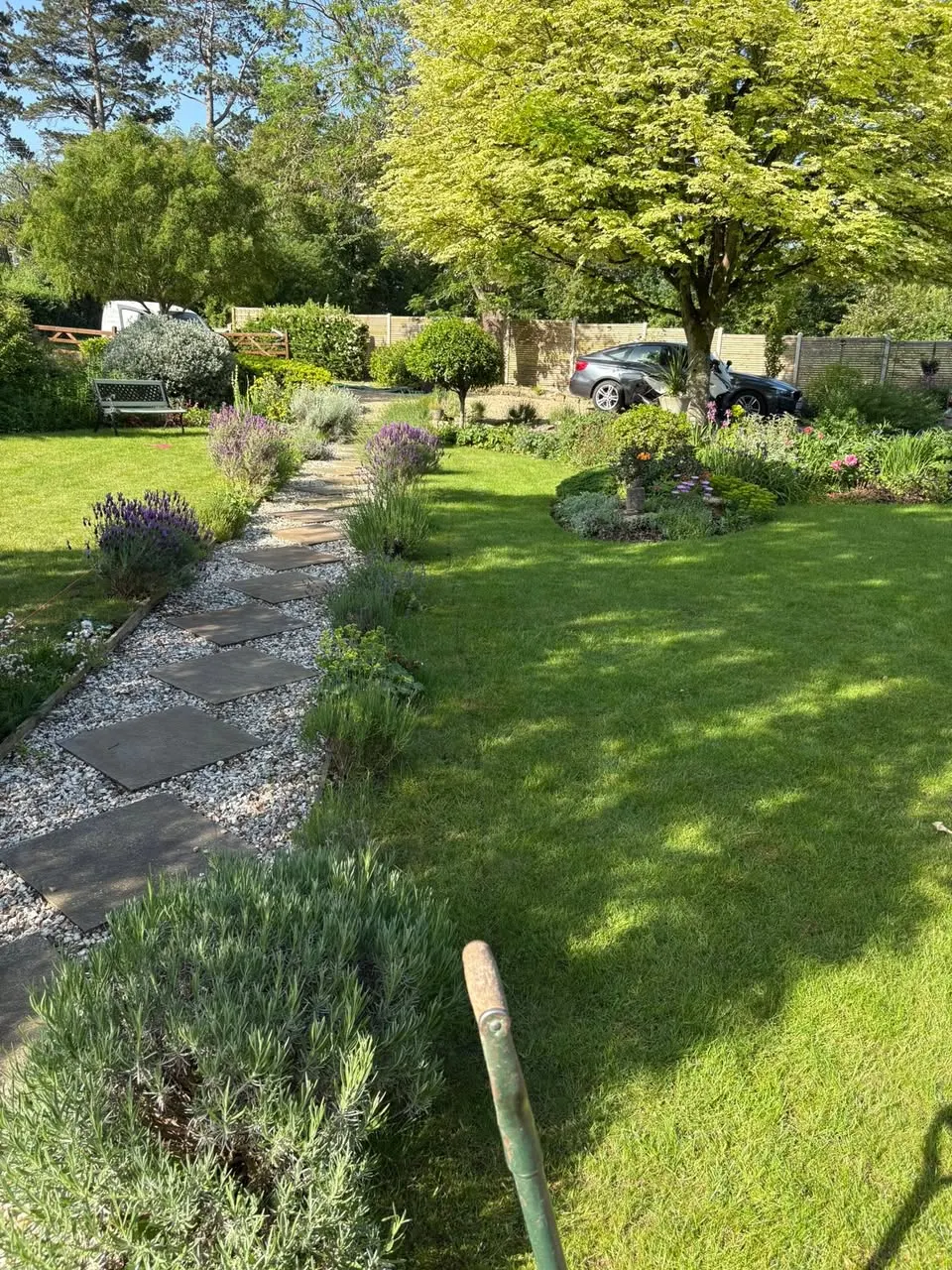 Slate and gravel path through the lawn, Tewkesbury